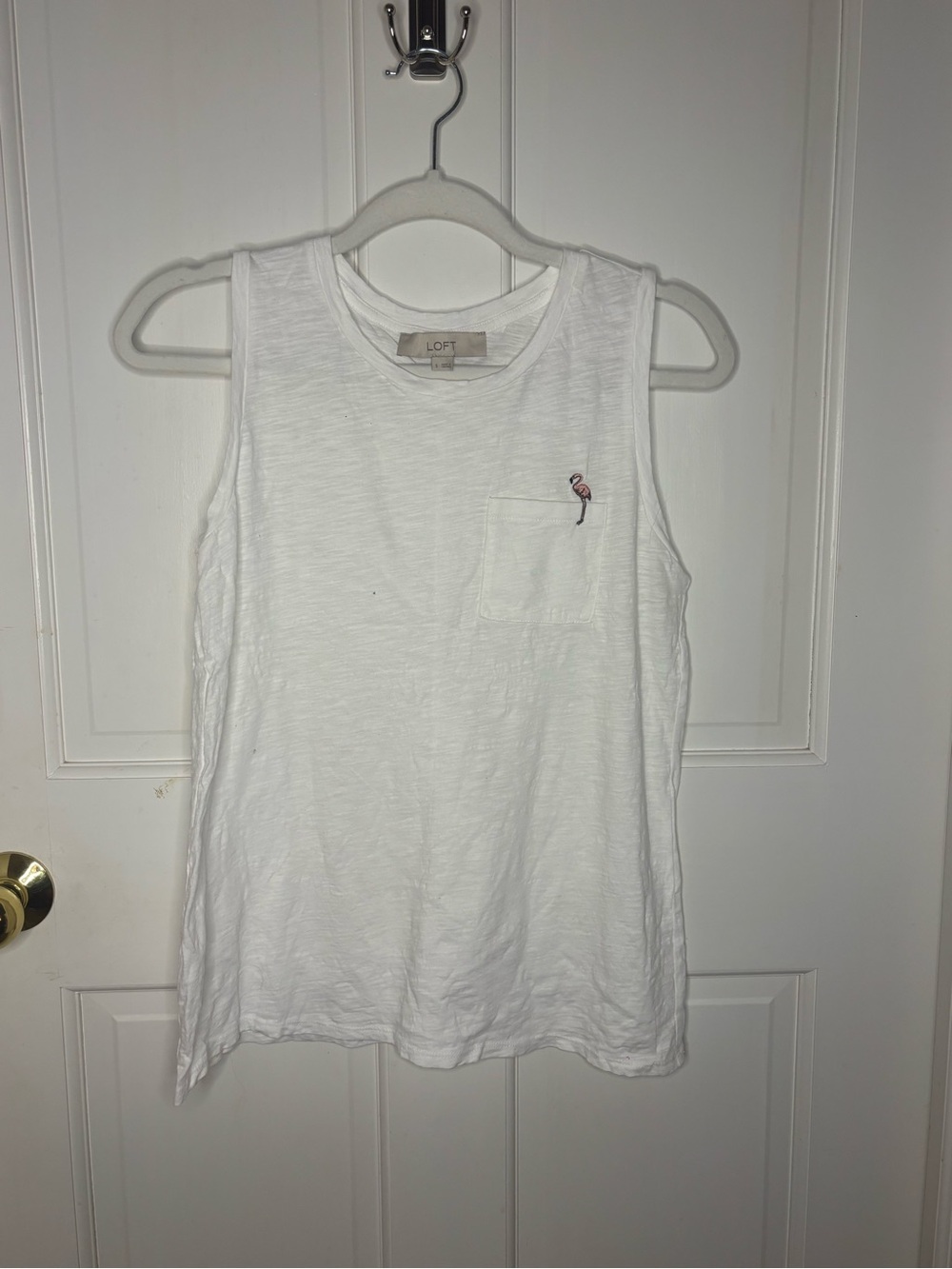 LOFT White Sleeveless Pocket Tank with Small Flamingo Accent